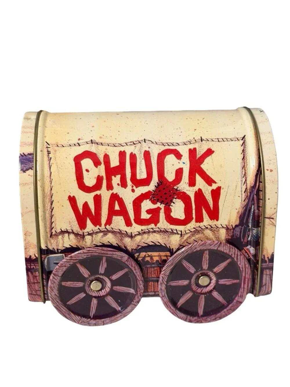 Vintage Giftco Chuck Wagon Tin With Moveable Wheels Western Covered Wagon Candy